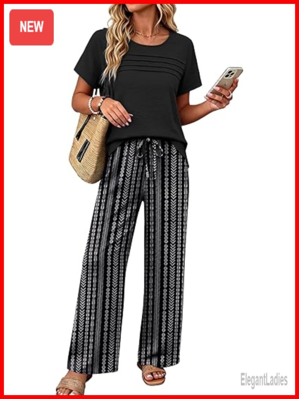 Women's 2 Piece Linen Look Summer Loungewear Set Pleated Top Wide Leg Pants